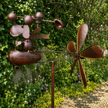 Mobile de jardin éolienne chien pilote en avion_ vue de derrière