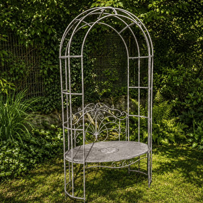 Banc arche de jardin en métal patiné