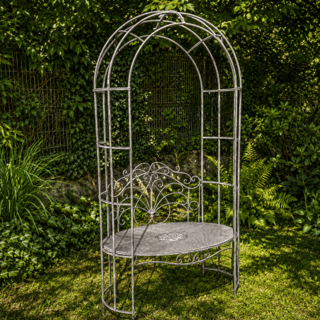 Banc arche de jardin en métal patiné