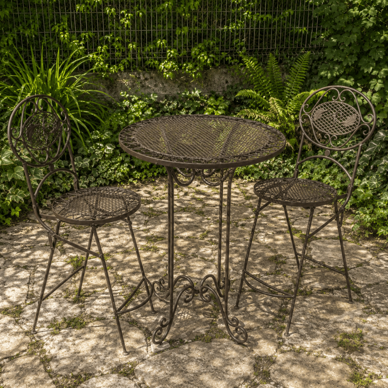 Salon de jardin mange-debout en fer forgé – Table haute & 2 chaises esprit bistrot