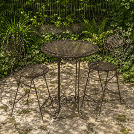 Salon de jardin mange-debout en fer forgé – Table haute & 2 chaises esprit bistrot