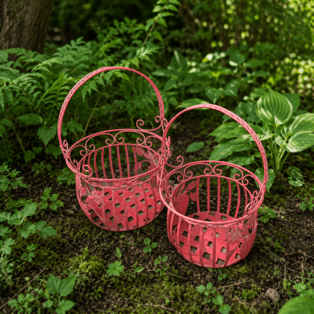 Panier porte-pot en métal rouge patiné à fleurs- vue de face des deux paniers