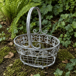Panier porte-pot ovale en métal gris vieilli fleur de lys- vue de face du petit