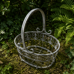 Panier porte-pot ovale en métal gris vieilli fleur de lys- vue de dessus du petit