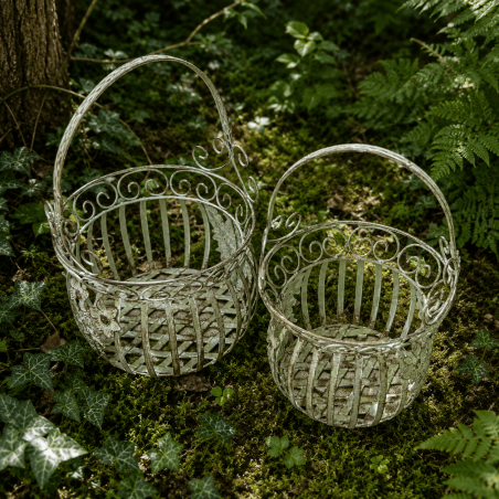 Panier porte-pot en métal vert sauge- vue de face des 2 paniers