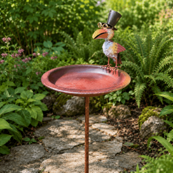 Bain d'oiseaux sur pied en métal avec corbeau gentleman