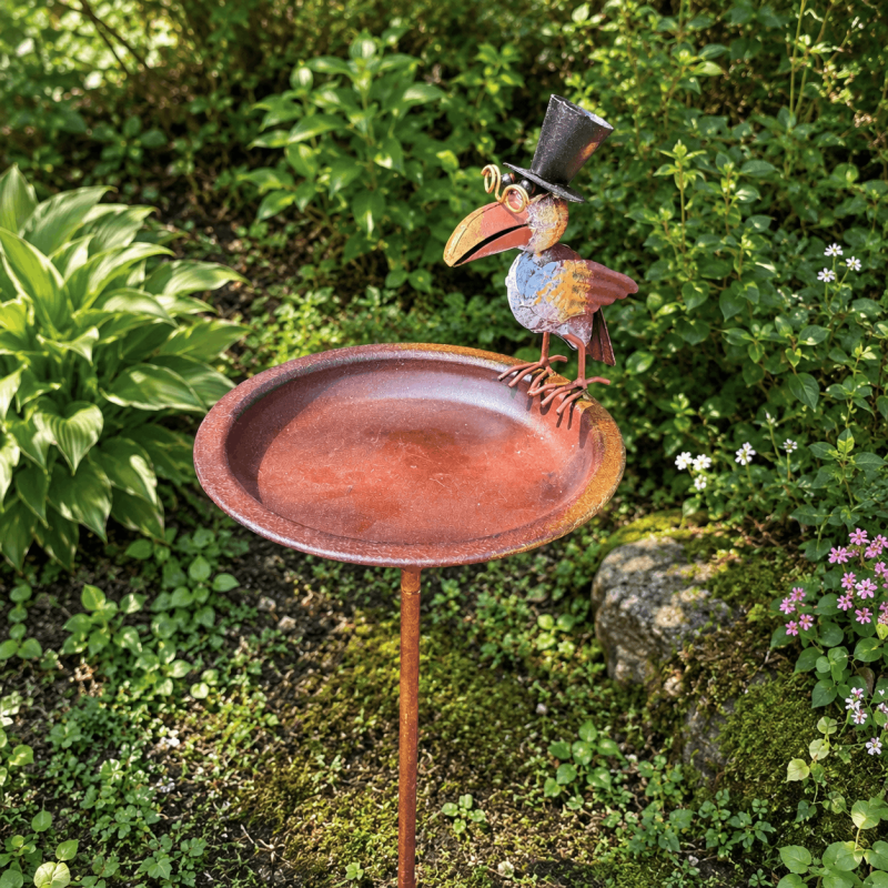 Bain d'oiseaux sur pied en métal avec corbeau gentleman- vue de dessus