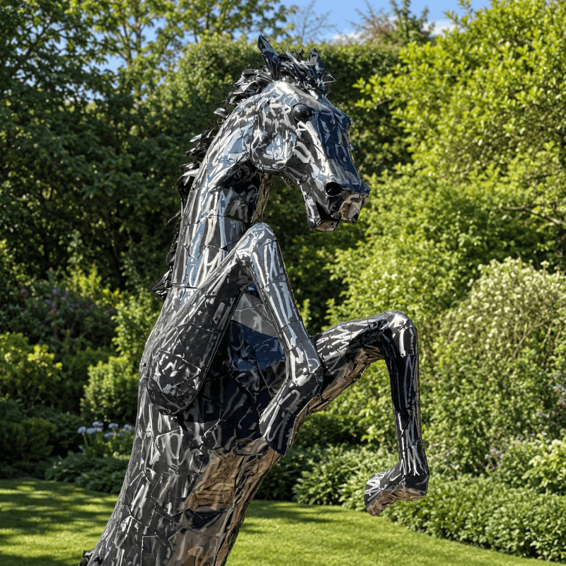 Sculpture cheval cabré géant en métal- vue de 1/3