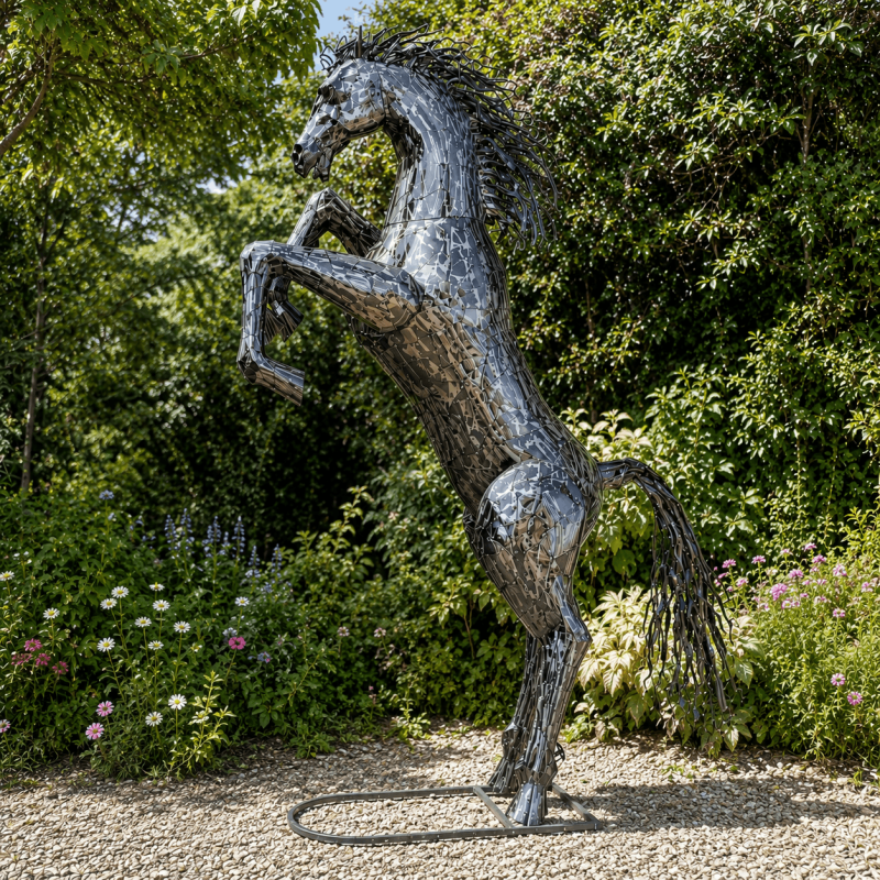 Sculpture cheval cabré géant en métal- vue d'ensemble