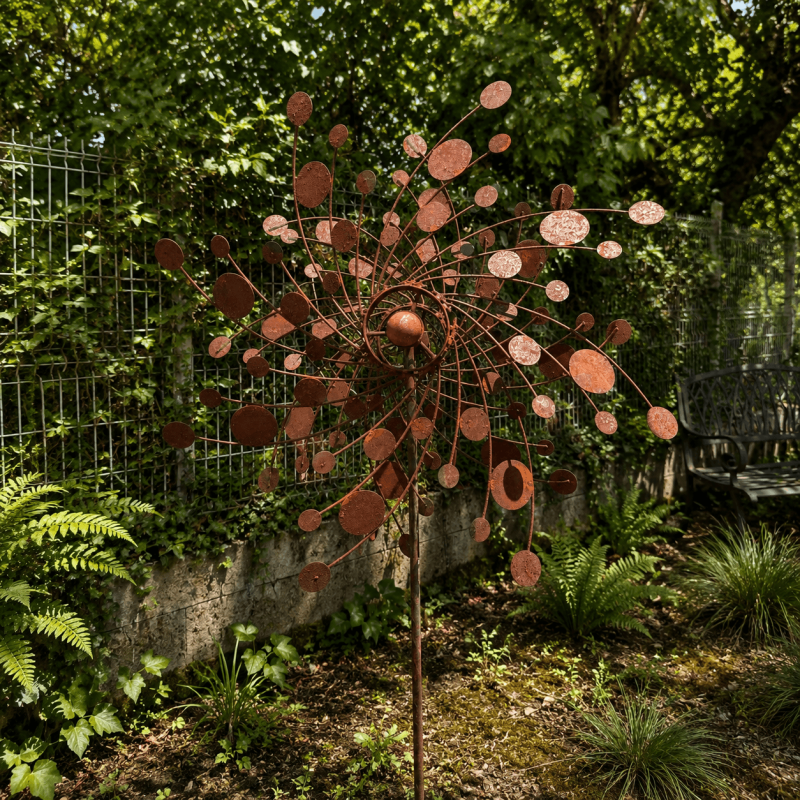 Éolienne de jardin à disques couleur rouille
