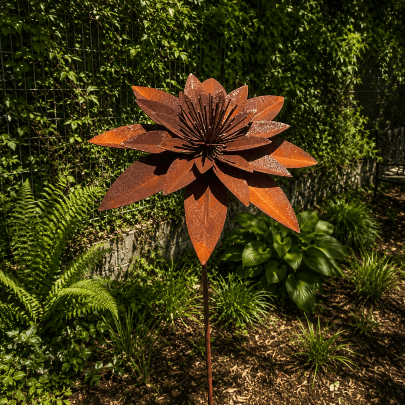 Fleur de lotus en métal sur pique rouille