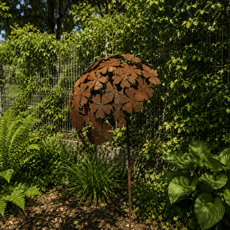 Allium en métal sur pique couleur rouille- vue de côté