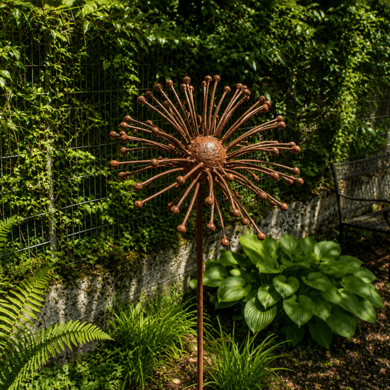 Fleur soleil en métal sur pique couleur rouille