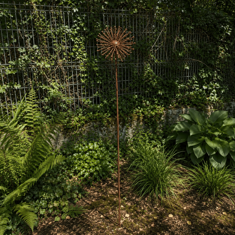 Fleur soleil en métal sur pique couleur rouille- vue d'ensemble