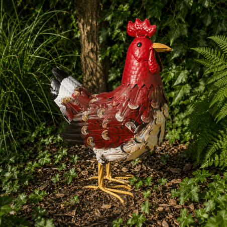 Poule décorative en métal coloré dans le jardin