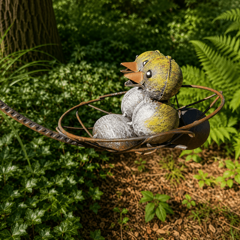 Poule installée dans son nid en métal