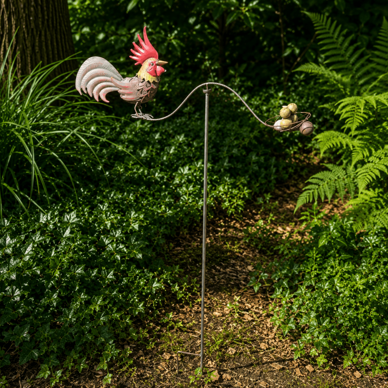 Balancier coq et poule au nid en métal sur pique