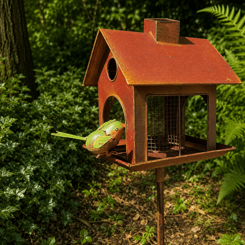 Mangeoire à oiseaux maison en métal dans le jardin