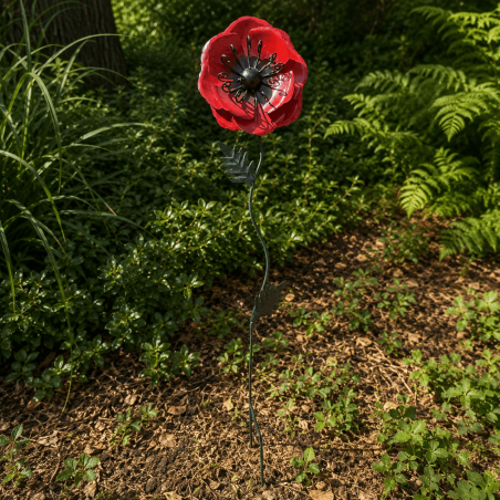 Coquelicot rouge en métal installé dans le jardin