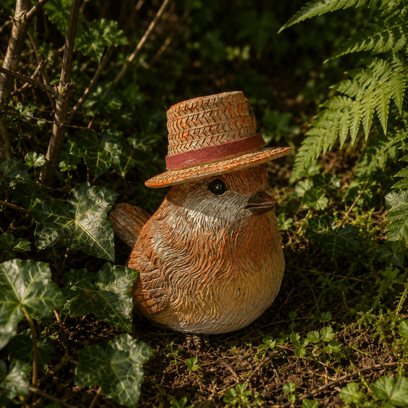 Rouge-gorge avec chapeau de paille en résine