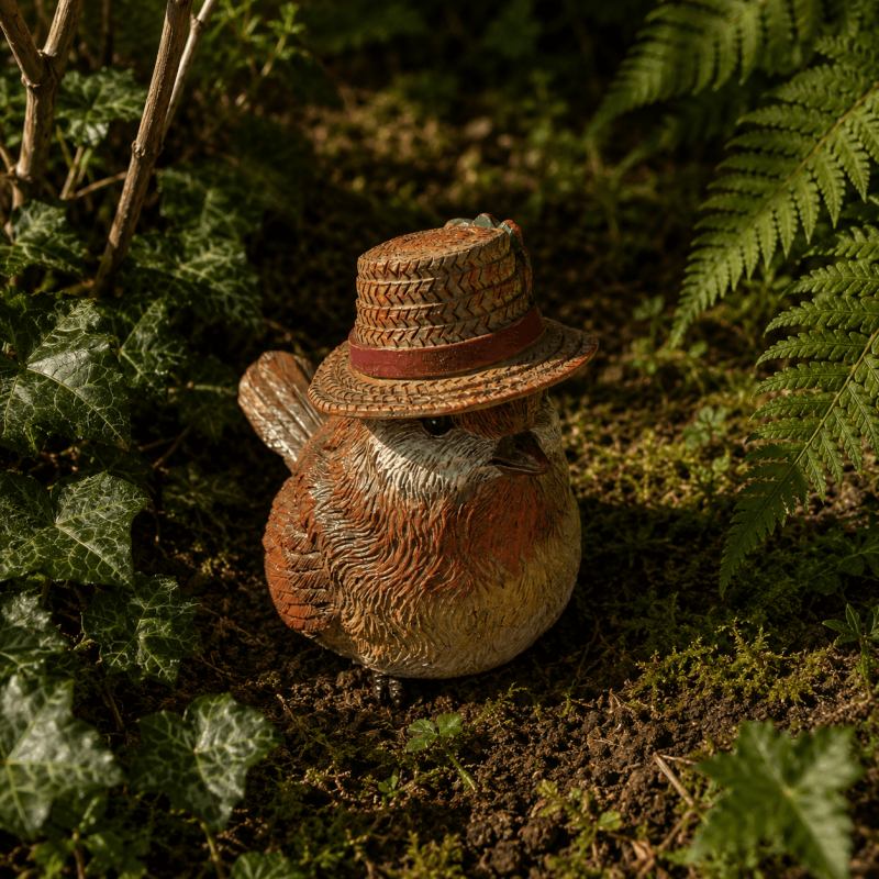 Petit rouge-gorge champêtre avec chapeau