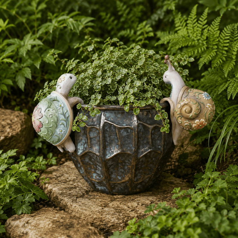 Tortue et escargot accroche-pots en résine sur un cache-pot