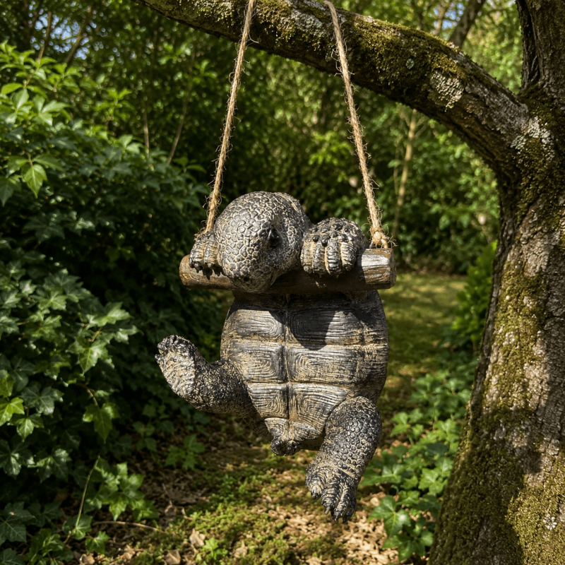 Tortue suspendue décorative dans un jardin
