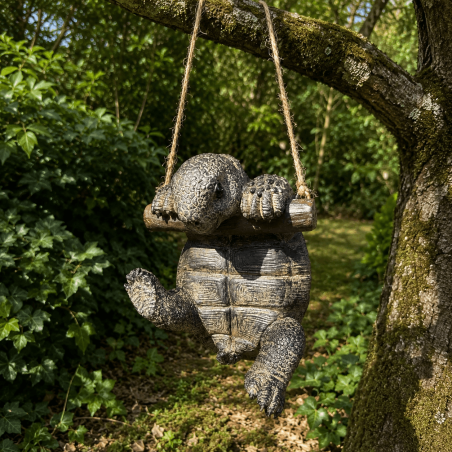 Tortue suspendue décorative dans un jardin