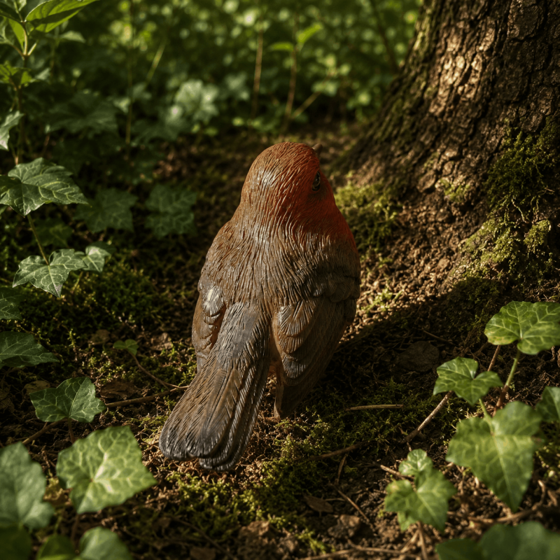 Petit rouge-gorge en résine posé dans le jardin