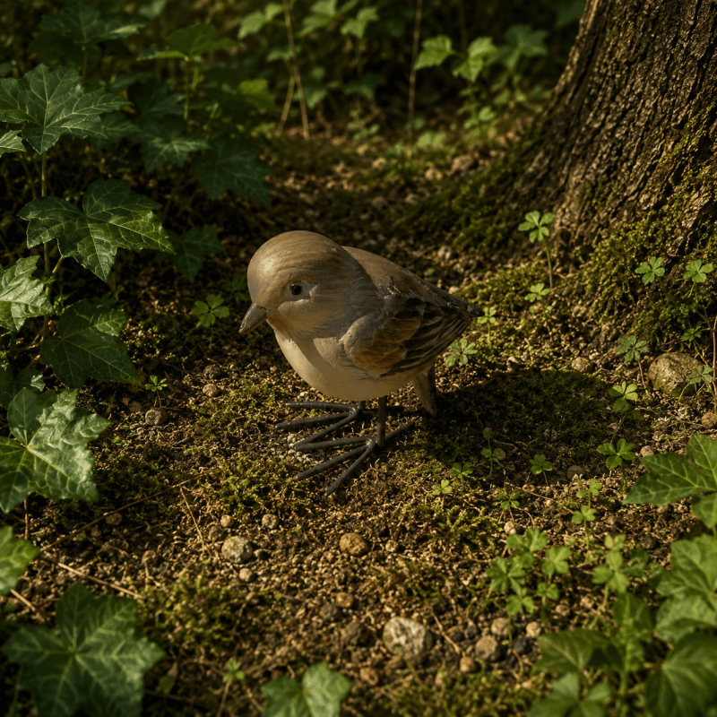 Petit oiseau décoratif beige et orangé vu de face