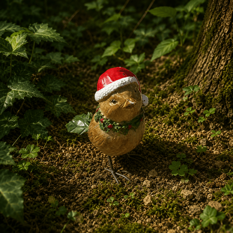 Petit oiseau de Noël avec écharpe vu de profil