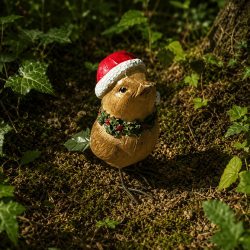 Vue de face de l’oiseau décoratif avec bonnet de Noël