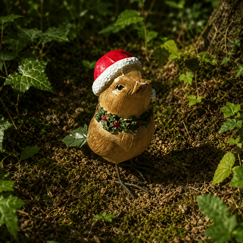 Vue de face de l’oiseau décoratif avec bonnet de Noël