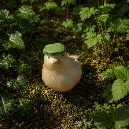 Petit oiseau décoratif en résine avec béret vert