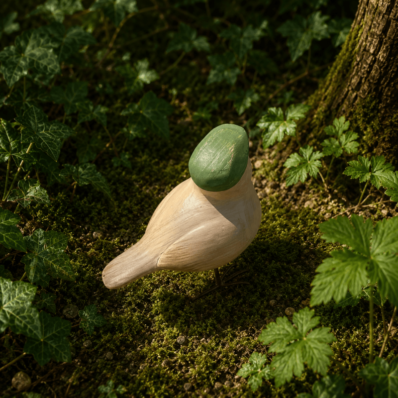 Détail du plumage et du béret vert de l’oiseau
