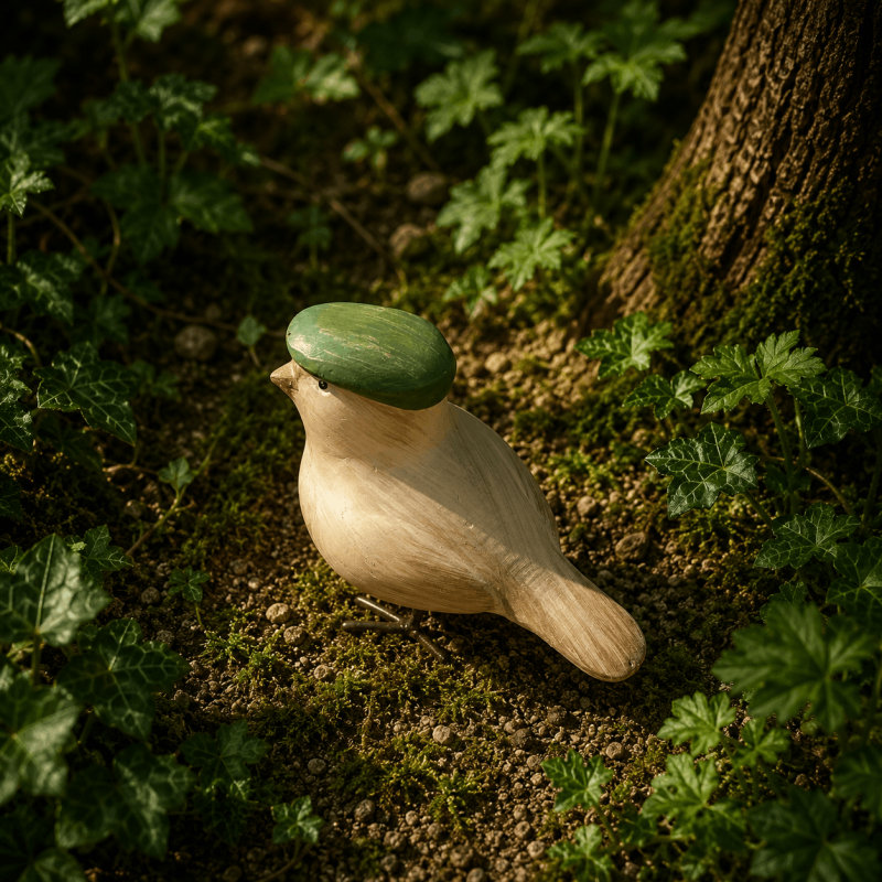 Oiseau décoratif beige avec béret vu de profil