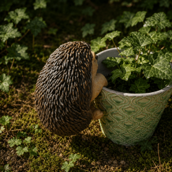 Petit hérisson accroché au rebord d’une jardinière