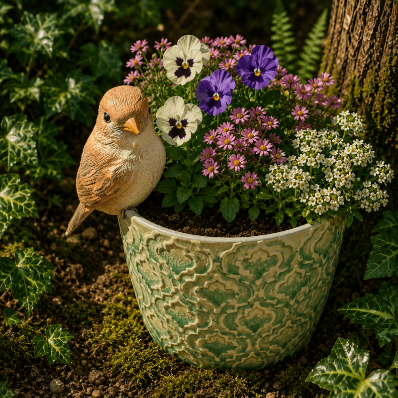Petit oiseau décoratif en résine suspendu à un pot de fleurs