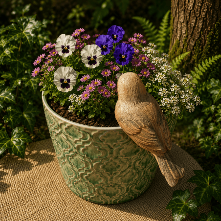 Vue arrière du petit oiseau pour pot de fleurs