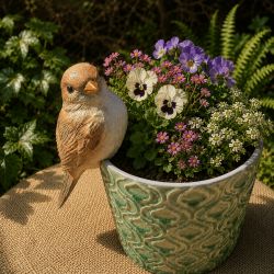 Oiseau décoratif brun accroché au rebord d’un cache-pot
