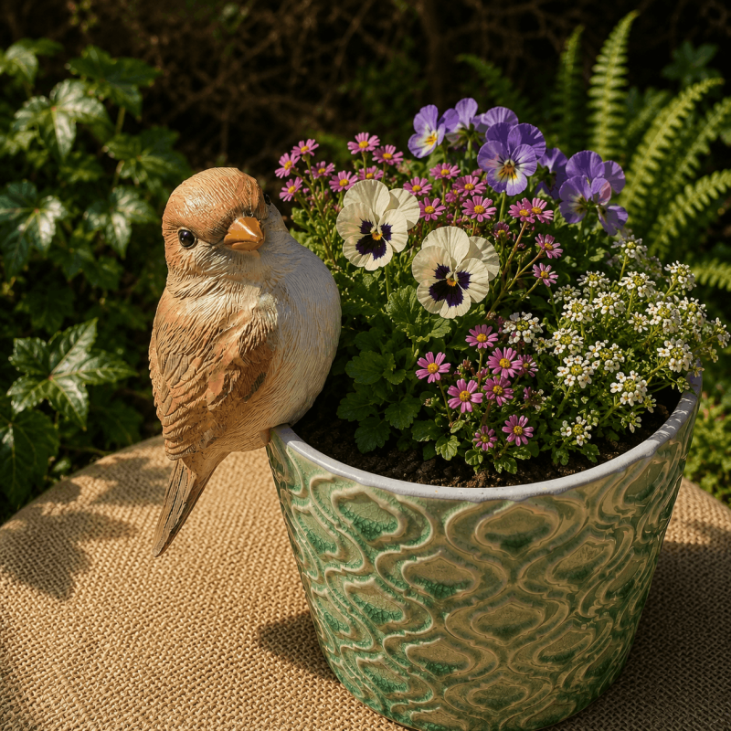Oiseau décoratif brun accroché au rebord d’un cache-pot