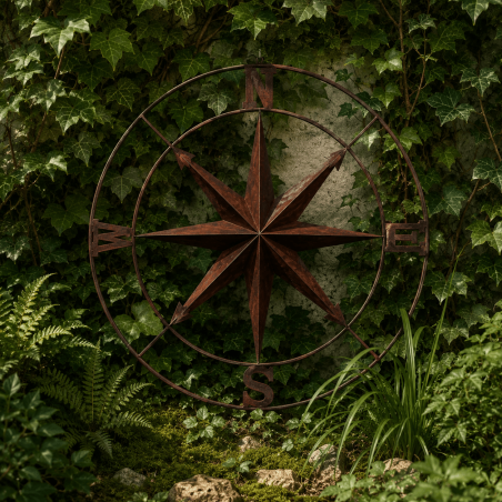 Grande rose des vents murale en métal rouillé dans un jardin
