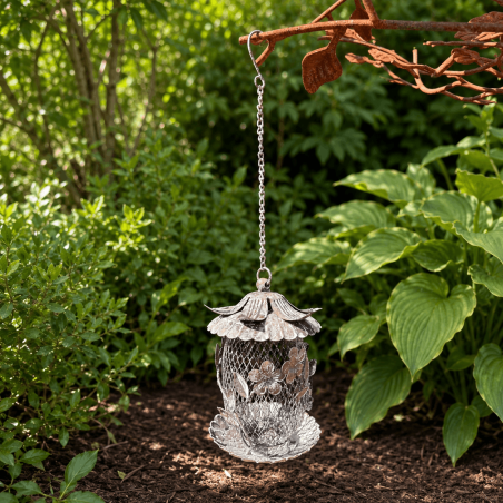 Mangeoire à oiseaux suspendue en métal grillagé et décor fleuri