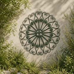 Grande rosace murale fleur de lys en métal dans un jardin