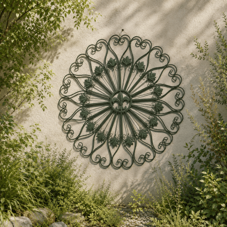 Grande rosace murale fleur de lys en métal dans un jardin
