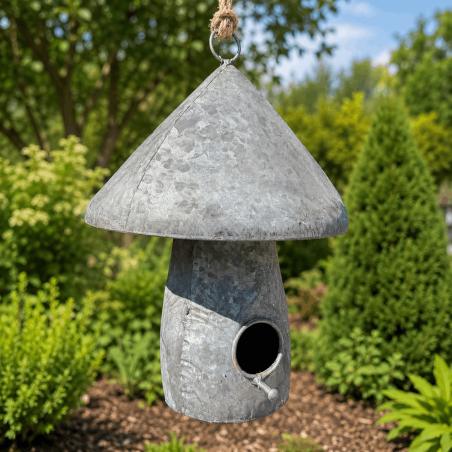 Nichoir à oiseaux champignon en métal suspendu à un arbre