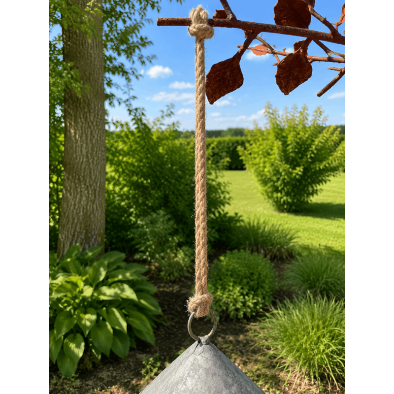 Nichoir décoratif champignon installé dans un jardin fleuri