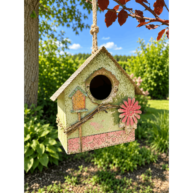 Nichoir décoratif vert et rose en bois et métal