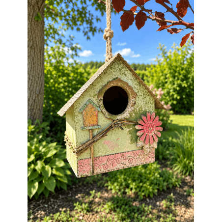 Nichoir décoratif vert et rose en bois et métal