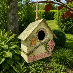 Nichoir à oiseaux rustique installé dans un jardin fleuri